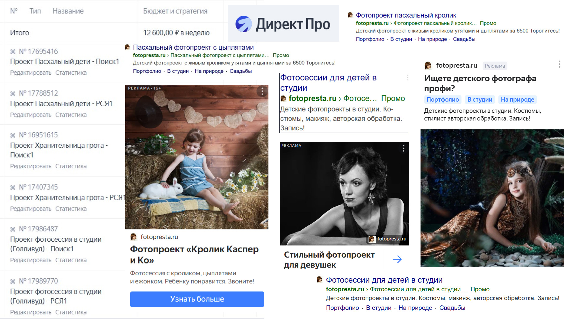 Контекстная реклама для детского и семейного фотографа Татьяны Преста - кампании в Яндекс Директ