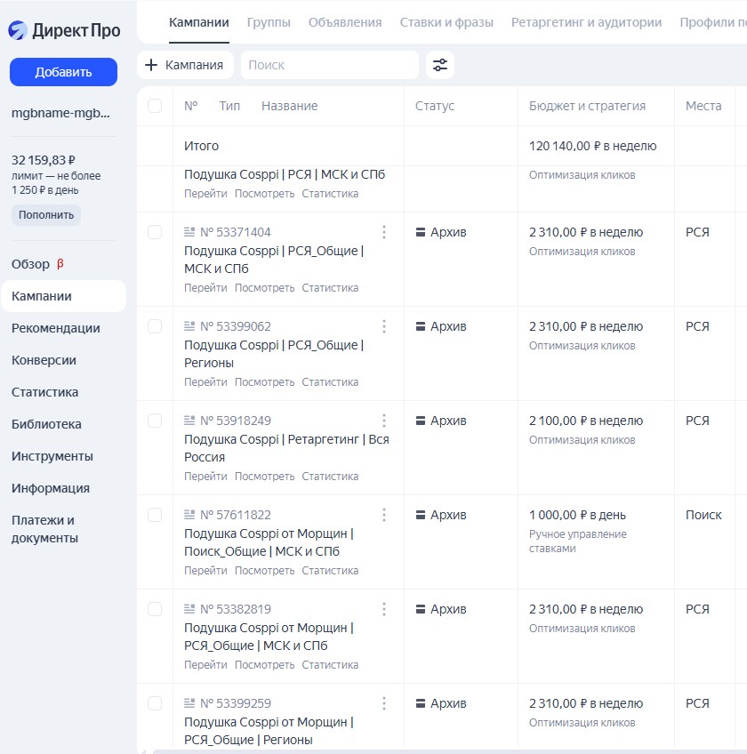 Контекстная реклама Яндекс Директ для COSPPI (первая косметологическая подушка в России - Cosppi.ru) - кампании в РСЯ