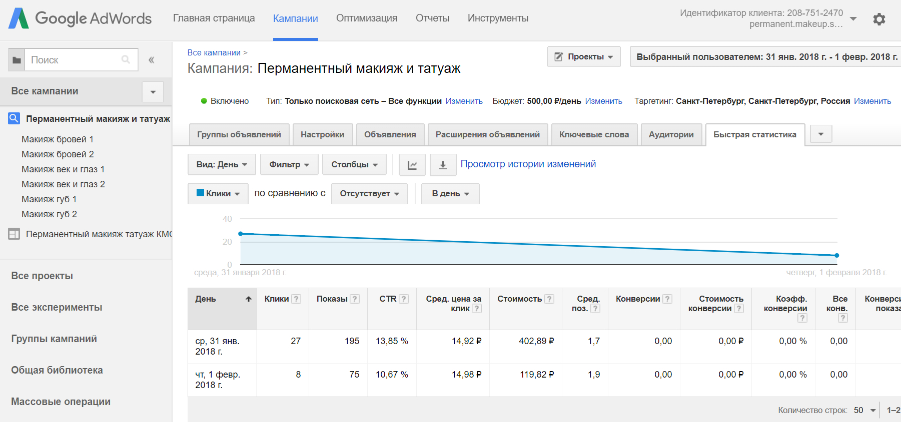 Настройка и ведение контекстной рекламы Google Ads и Яндекс Директ для мастера перманентного макияжа Ирины Молчановой - кампании на поиске в Google Ads