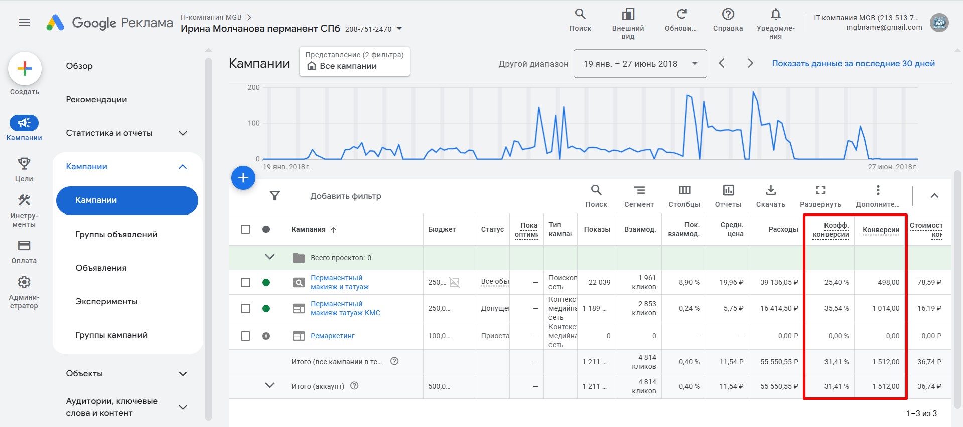 Настройка и ведение контекстной рекламы Google Ads и Яндекс Директ для мастера перманентного макияжа Ирины Молчановой - кампании в Google Ads