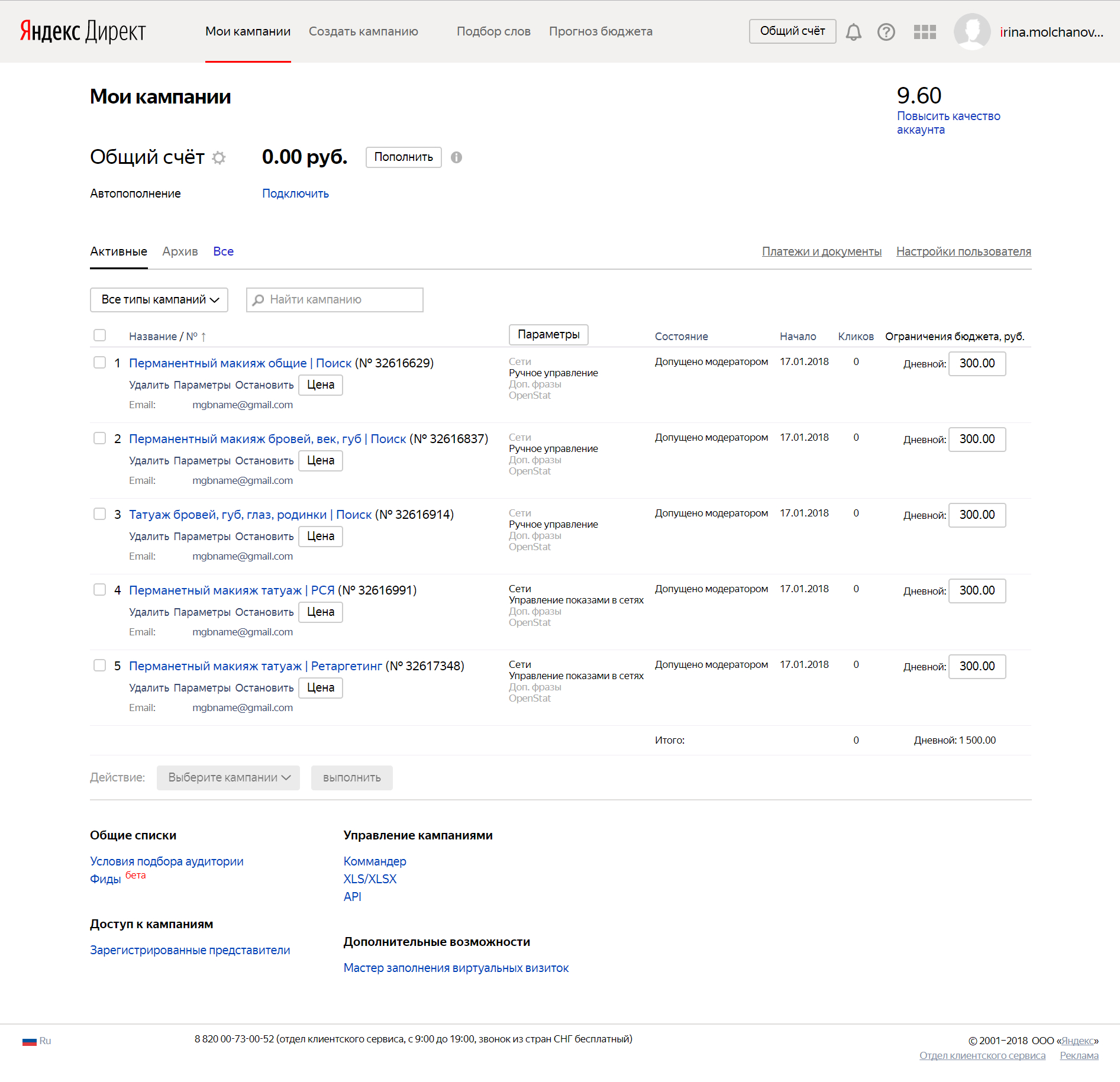 Настройка и ведение контекстной рекламы Google Ads и Яндекс Директ для мастера перманентного макияжа Ирины Молчановой - кампании в Яндекс Директ