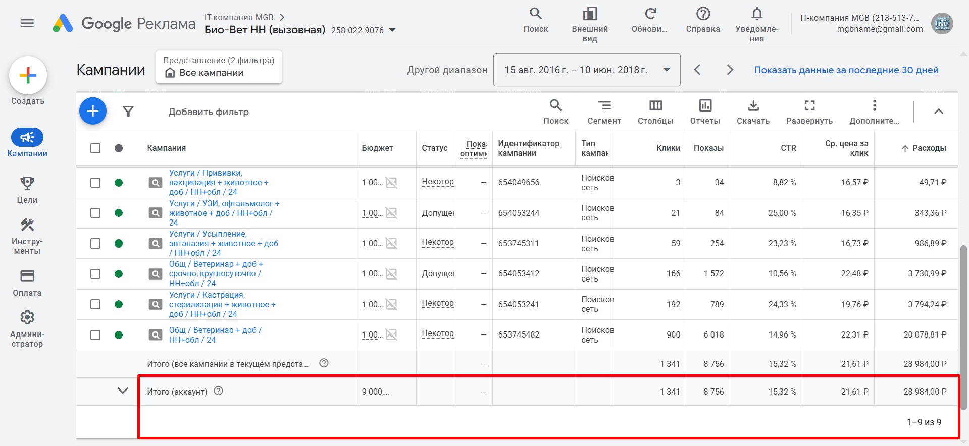 Контекстная реклама Google Ads для ветеринарной клиники Витавет в Нижнем Новгороде - кампании
