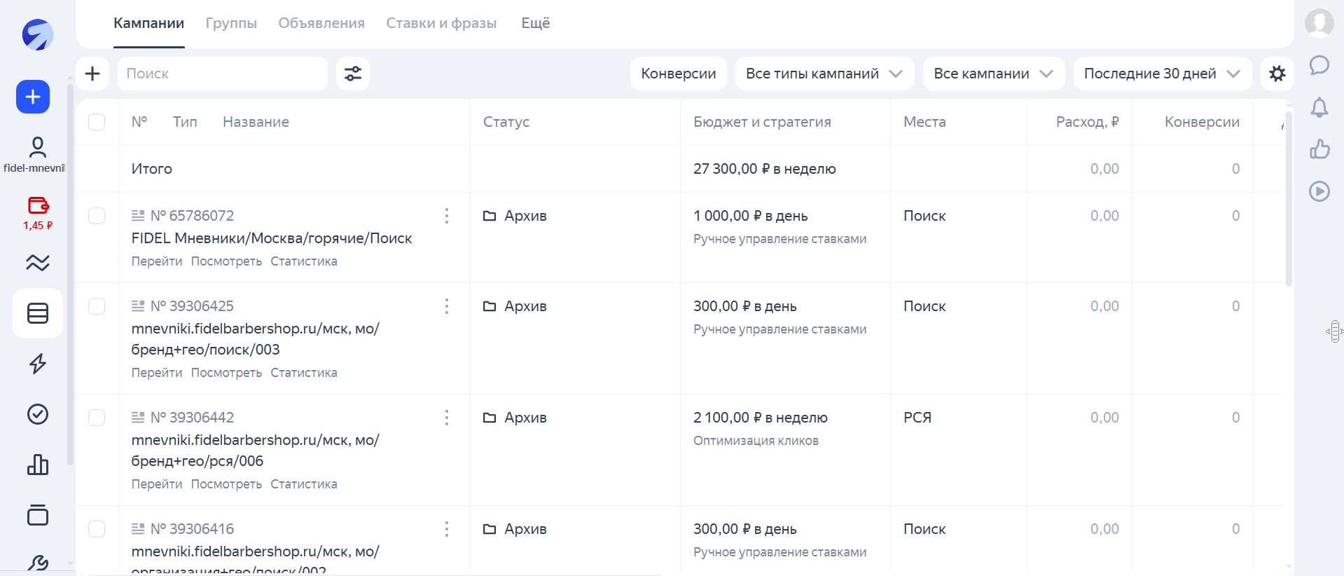 Контекстная реклама Яндекс Директ для Барбершоп FIDEL Мневники - кампании